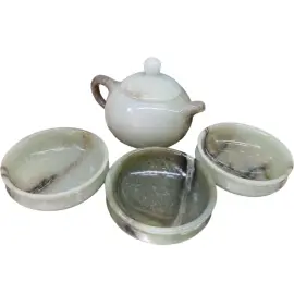 Чайный набор из белого и зеленого нефрита "Восточный нефрит" на 3 персоны, 4 предмета